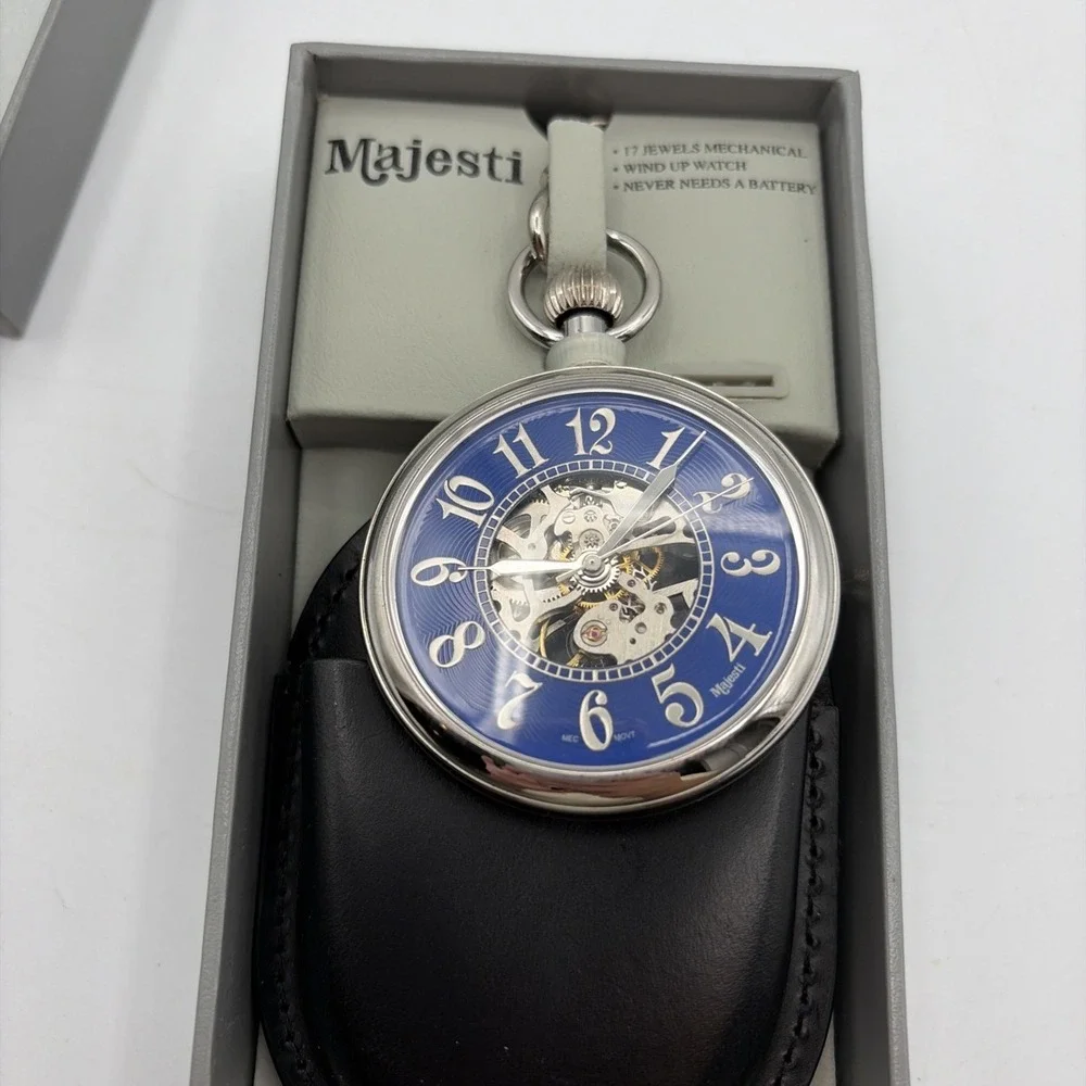 VINTAGE MAJESTI SKELETON WIND UP POCKET WATCH 17 JEWELS CHAIN BLUE NEW BOXED